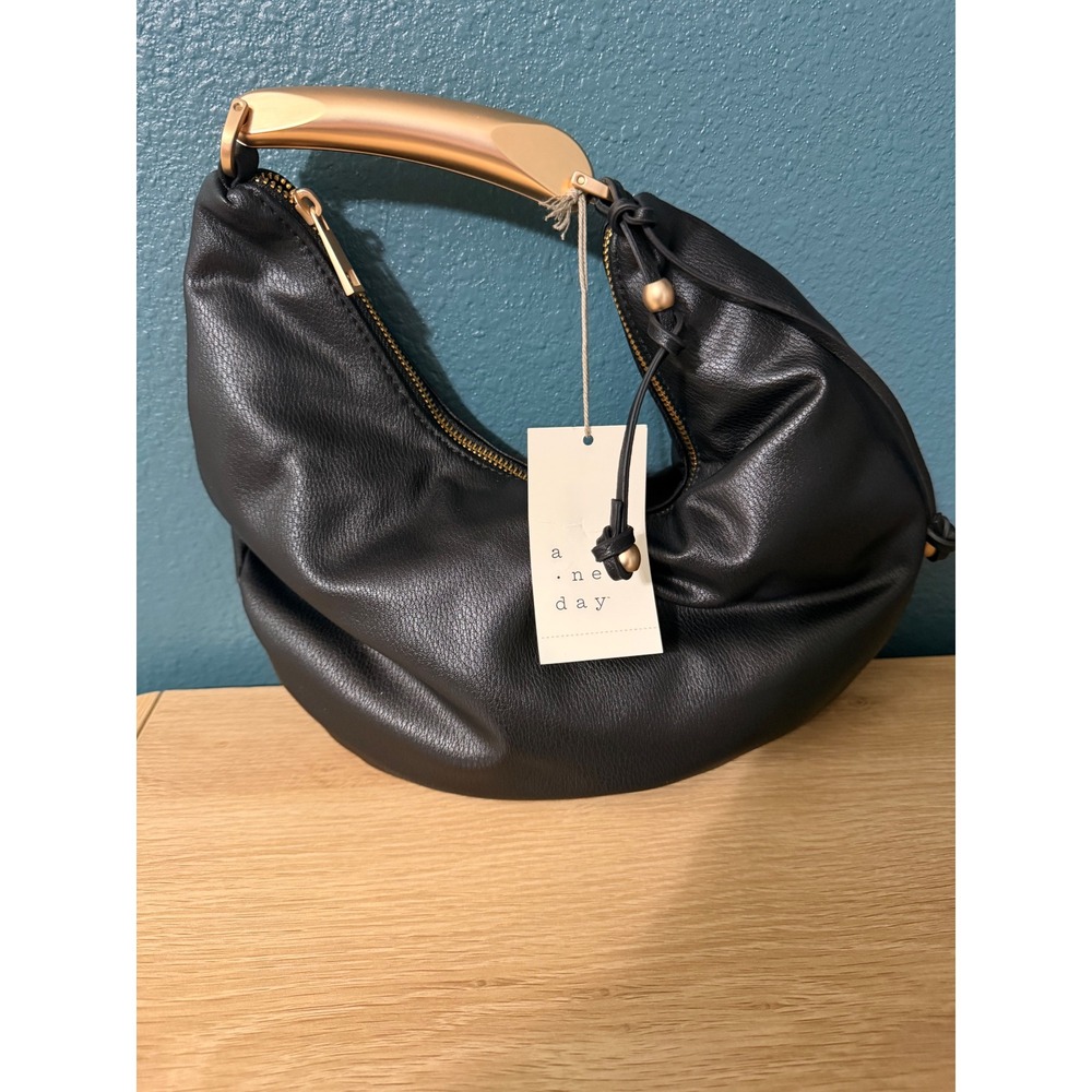 A New Day Black Crescent Hobo Bag Gold Metal Handle NWT Slouchy Shoulder Bag